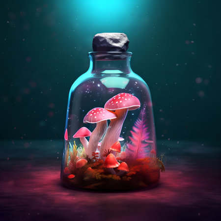 Mushroom in a glass bottle. 3d illustration. Glowing background.の素材