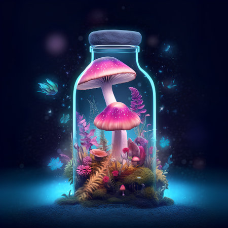 Mushroom in a glass bottle on a dark background. 3d illustrationの素材