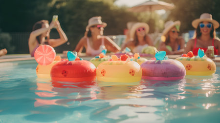 Group of friends having fun in swimming pool on summer vacation. Group of young people drinking watermelon juice and having fun.の素材