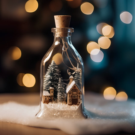 Small house in a glass bottle on the background of a Christmas treeの素材