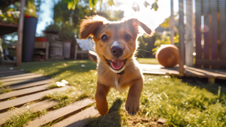 Adorable happy dog running in the backyard on a sunny summer dayの素材