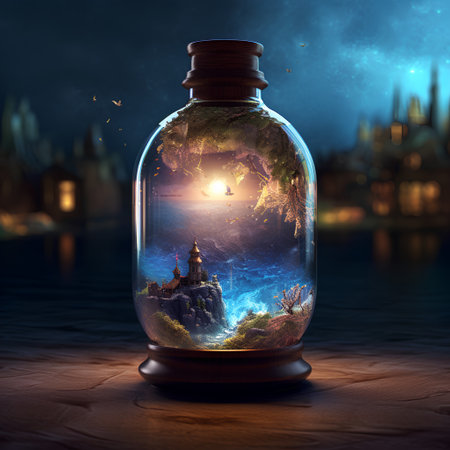 Magic world in a bottle on a dark background. 3d renderingの素材