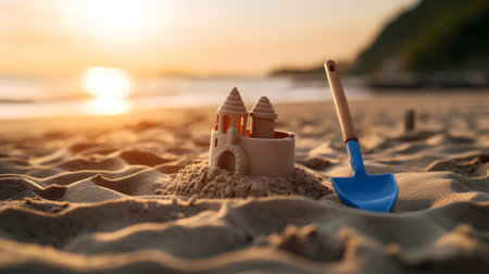 Sand castle and shovel on the beach at sunset time. Concept of summer vacation.の素材
