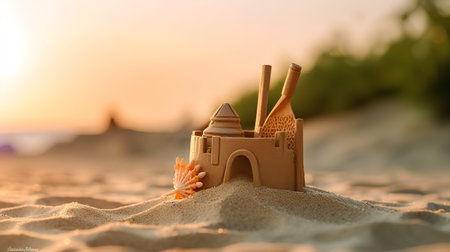 Sand castle on the beach at sunset. Travel concept. Copy space.の素材
