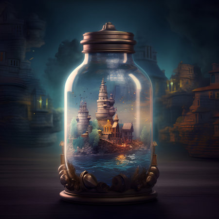Magic city in a glass jar on a dark background. Fantasy landscapeの素材