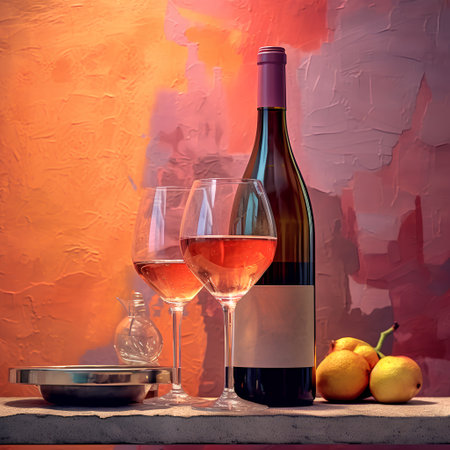 Wine bottle and glasses on a table in front of a painted wallの素材