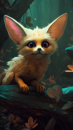 Cute fox sitting on the tree in the jungle. Digital painting.の素材