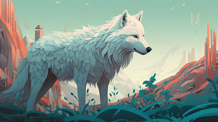 Vector illustration of a wolf in the mountains. Wild animal in the forest.の素材