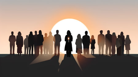 Silhouette of a group of business people in front of the sunの素材