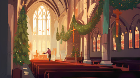 Church interior with christmas tree, man and cross. Vector illustrationの素材