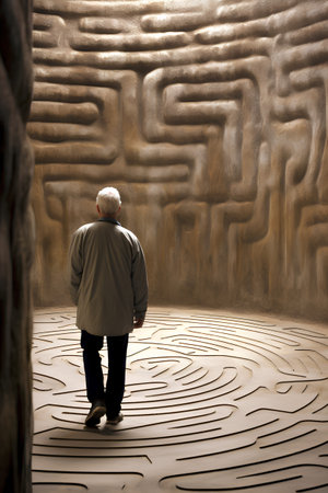 Senior man looking at a maze in the middle of a labyrinth.の素材