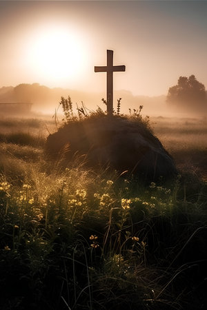 Cross in the meadow at sunrise with sun rays and lens flareの素材