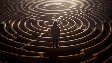 Young woman standing in the middle of a labyrinth and thinking how to escapeの素材