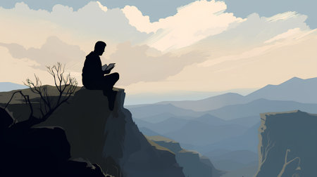 Silhouette of a man sitting on a cliff and reading a bookの素材