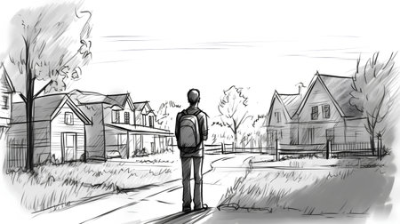 Hand drawn sketch of a man standing in front of his house.の素材