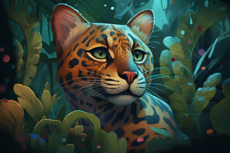 Leopard in the jungle. Colorful cartoon illustration for children.の素材
