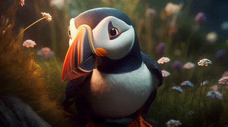 Puffin in a meadow. 3d render illustration.の素材