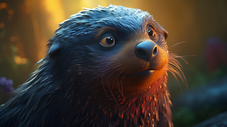 Funny sea lion portrait in the forest. 3D illustration.の素材