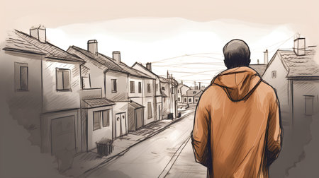 Sketch of a man walking in the street. Vector illustrationの素材