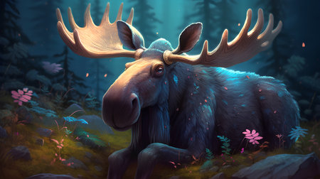 Moose in the forest. 3D illustration. Digital painting.の素材