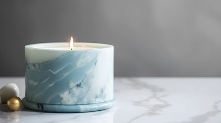 Easter decoration with burning candle on white marble table with copy spaceの素材