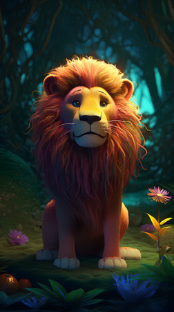 Lion in the jungle. 3D render. Fantasy illustration.の素材