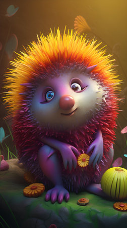 Hedgehog with flowers in the forest. 3D illustration.の素材