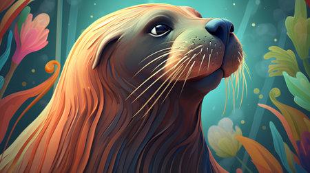 Sea Lion in the forest. Vector illustration of a sea animal.の素材