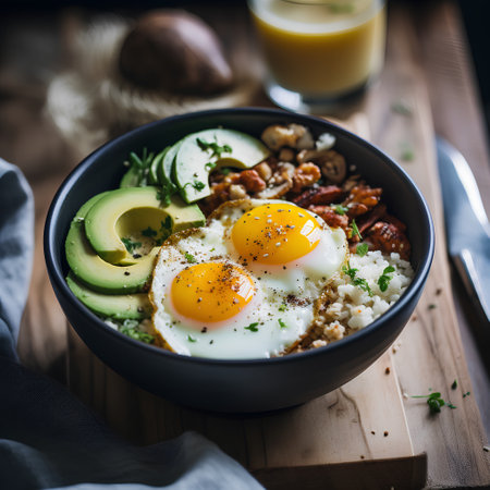 Healthy breakfast with fried eggs, avocado and walnuts on wooden backgroundの素材