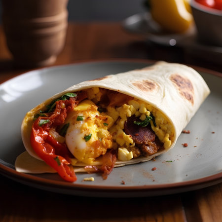 Tortilla wrap with scrambled eggs and chili pepper, selective focusの素材