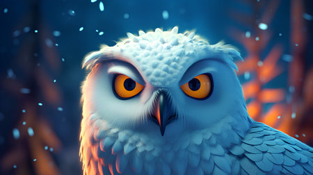 Snowy owl in winter forest. 3d render illustration. Christmas theme.の素材