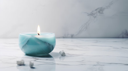Candle in blue glassle table with white marble background.の素材