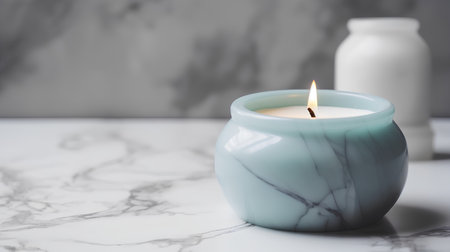 Burning candle in a blue ceramic candlestick on a marble backgroundの素材