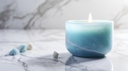 Candle on a white marble background with sea shells and stones.の素材
