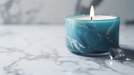 Candle in a blue candle holder on a white marble table.の素材