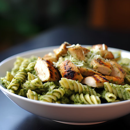 Fusilli pasta with pesto sauce and grilled chicken. Italian foodの素材