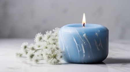 Blue candle with white flowers on a marble table, shallow depth of fieldの素材