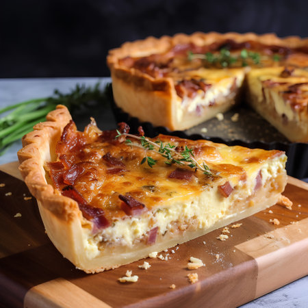 Tasty homemade quiche lorraine with bacon, cheese and herbsの素材