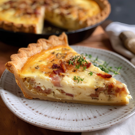 Quiche Lorraine with ham, cheese and herbs. French cuisineの素材