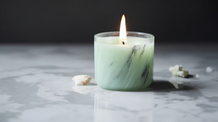 Candle on a marble table with a sea shell in the backgroundの素材