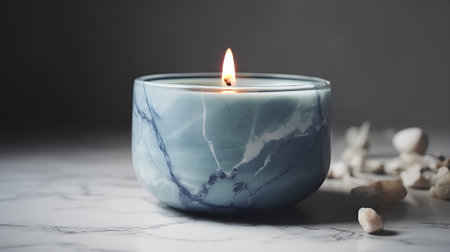 Candle with blue marble on a white marble table. Toned.の素材