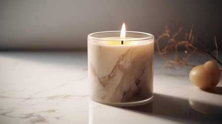 Candle in glass on white marble table with reflection and copy spaceの素材