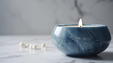 Candle in a blue ceramic bowl on a white marble background.の素材