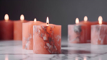 Burning candles on white marble table, shallow depth of field.の素材
