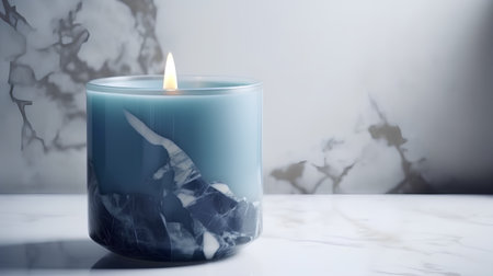 Candle on a white marble table with a blue candle in the backgroundの素材
