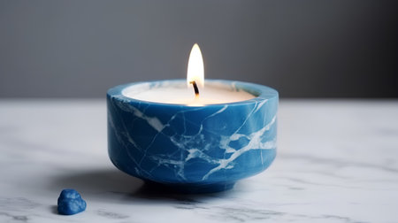 Burning candle in blue ceramic candlestick on white marble backgroundの素材