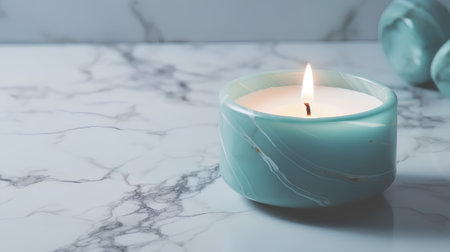 Burning candle in a blue ceramic candlestick on a marble backgroundの素材