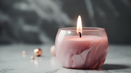 Burning candle in glass holderle table, space for textの素材