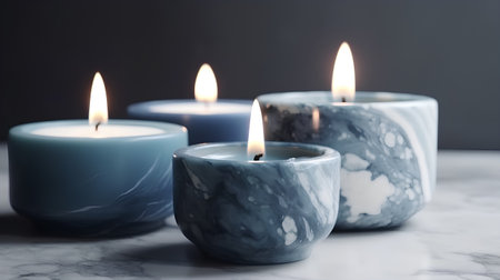 Burning candles in blue scandinavian style on grey backgroundの素材