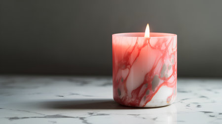 Burning red candle on a white marble table with dark background.の素材